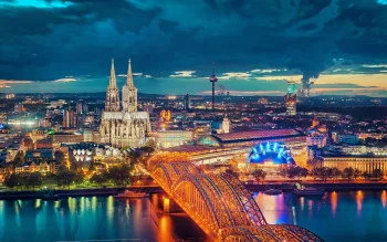 the evening lights of cologne cathedral and the hohenzollern bridge, cologne cathedral, attractions, bridges, cathedrals, cities, city, cityscape, cityscapes, clouds, germany, night lights, lights, streetlights, street lamps, lighting, night, rivers, canals, streams, skyscrapers, sunrises, dawn, architecture, world