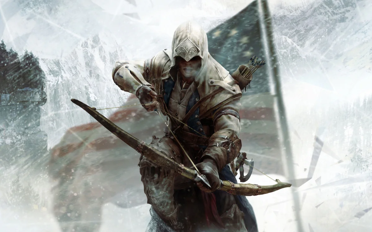 Connor Kenway with a bow, against a backdrop of snow-capped mountains and the American flag