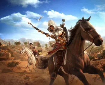 Assassins on horseback gallop across the Egyptian desert