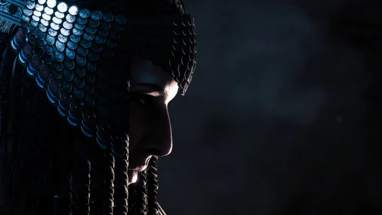A profile of a female warrior in a scaled helmet in the twilight
