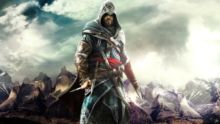 Ezio Auditore da Firenze against a backdrop of snow-capped mountain peaks