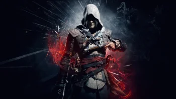 Edward Kenway, wearing a hood, against a backdrop of red flashes