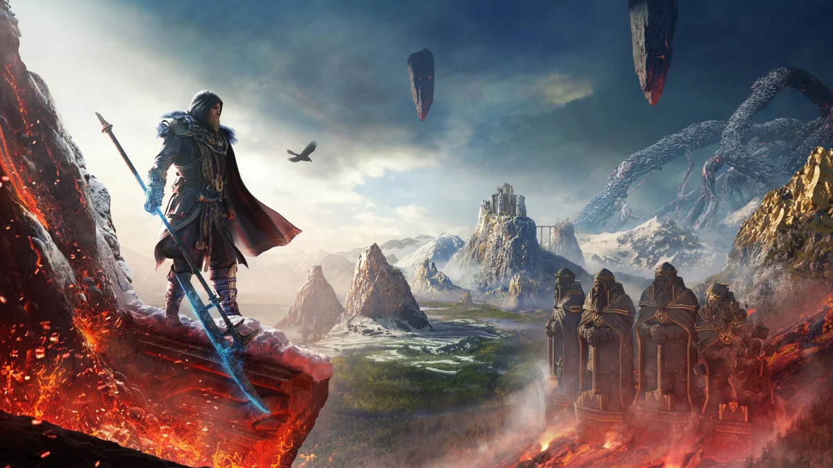 A warrior in armor on the edge of a fiery cliff