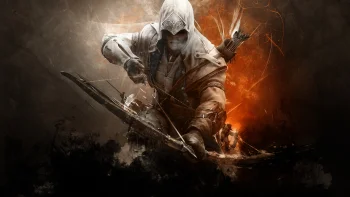 Connor Kenway with a bow, amid the thick smoke of battle