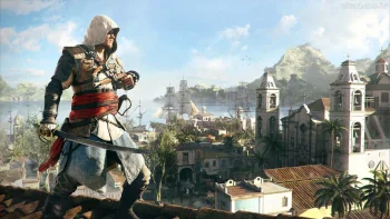 Edward Kenway on the roof of a colonial town