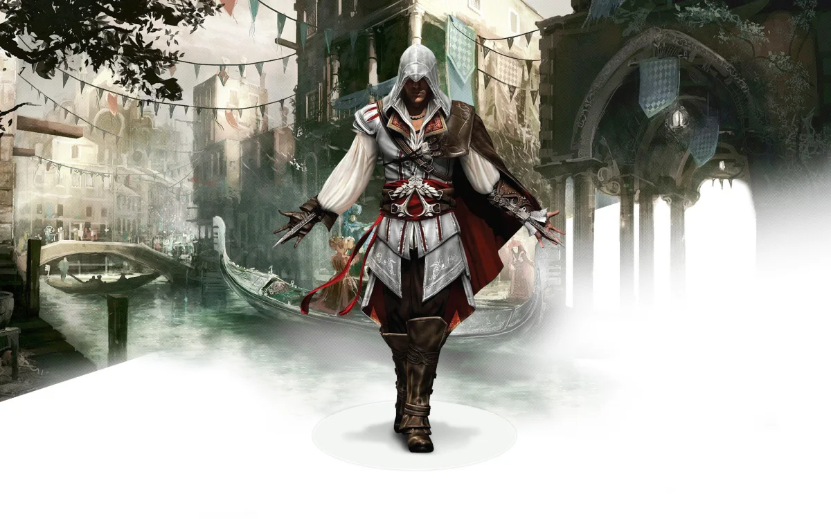 Ezio Auditore against the backdrop of Venice's canals