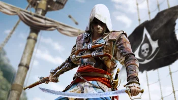 Edward Kenway with pistols and a saber on the deck of a pirate ship