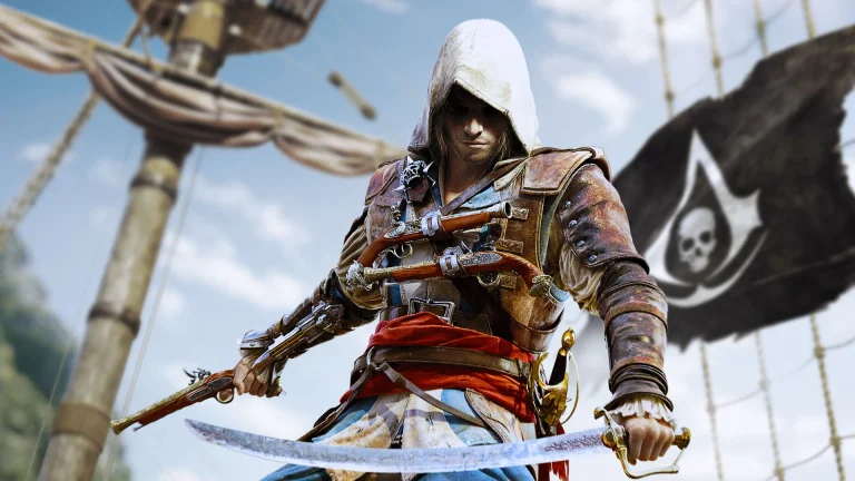 Edward Kenway with pistols and a saber on the deck of a pirate ship