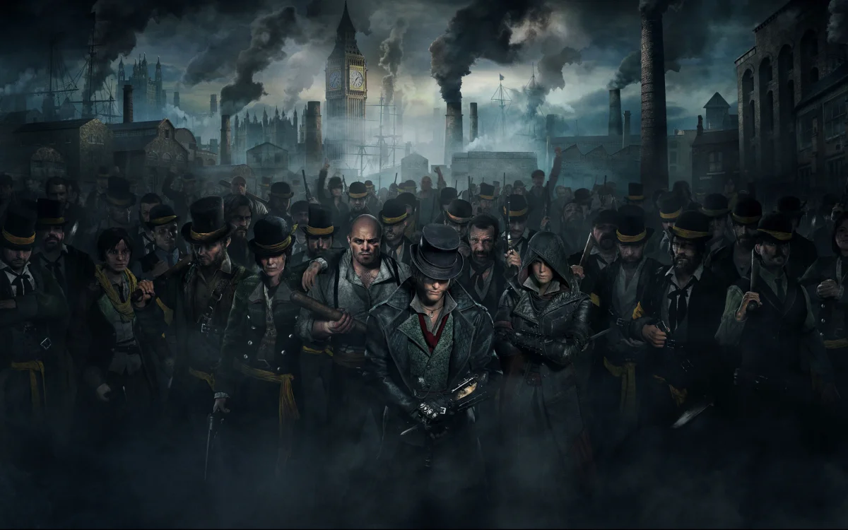 A crowd of rebels against the backdrop of smoky London and Big Ben