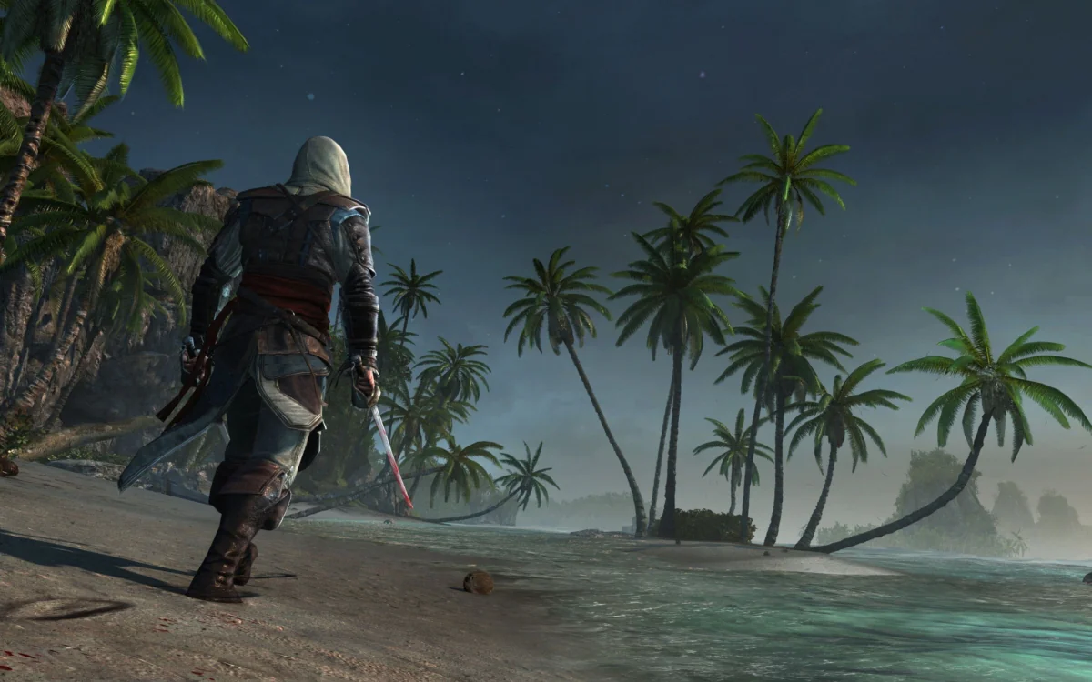 Edward Kenway on a tropical coastline at night