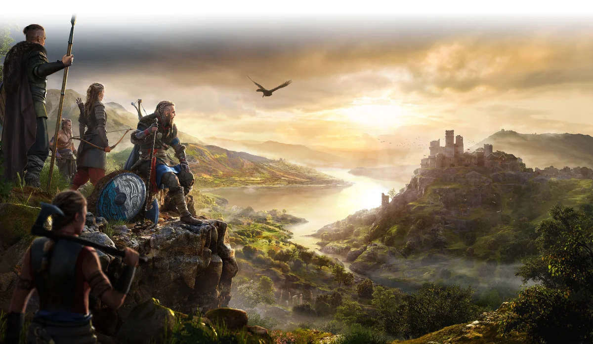 A group of Vikings on a cliff overlooking a medieval castle