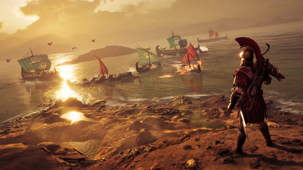 A warrior in armor watches a naval battle