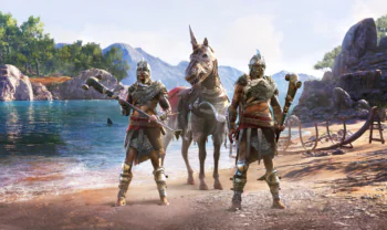 Warriors in armor with a unicorn on a sunny seaside