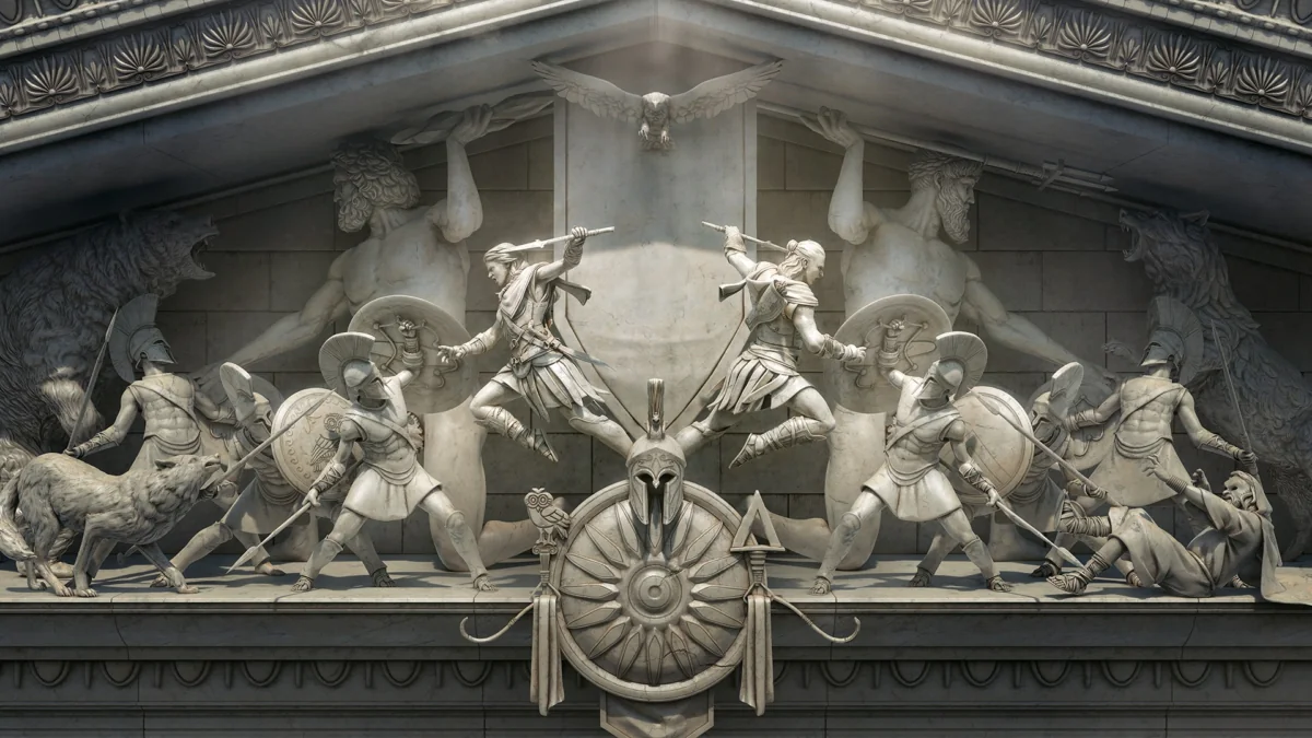 A marble bas-relief depicting a battle involving Spartan warriors