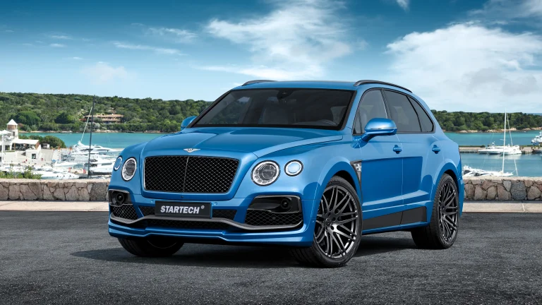 a blue startech bentley bentayga against the backdrop of a coastal harbor, bentley bentayga, bays, coves, straits, fjords, bentley, cars, automobiles, clouds, crossover vehicles, discs, wheels, headlights, sea, sky, summer, suvs, yachts, auto, vehicles