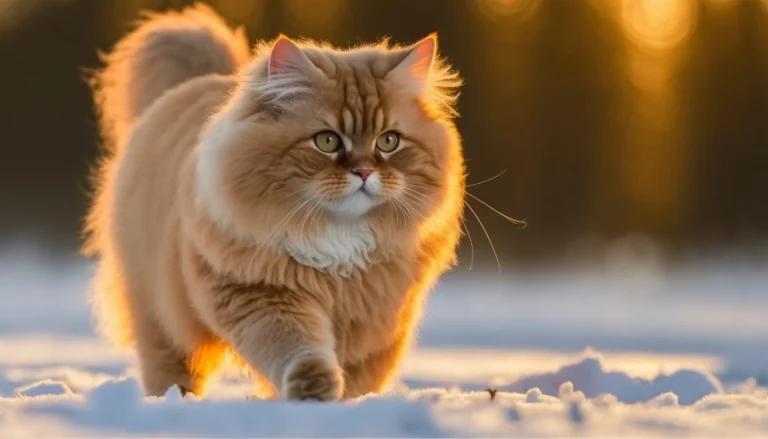 A ginger British Longhair cat on a snow-covered trail