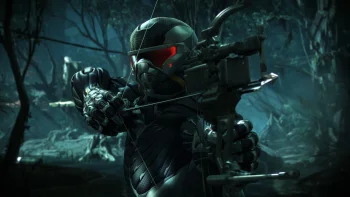 a prophet in a nanotech suit with a bow, bows, characters, actors, crysis, cyborgs, forest, forests, warriors, weapon, games