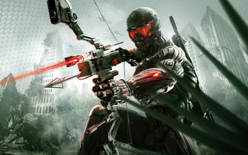 a prophet in a nanotech suit holding a bow, against the backdrop of the ruins of new york city, bows, cities, city, crysis, cyborgs, ruins, skyscrapers, warriors, weapon, games