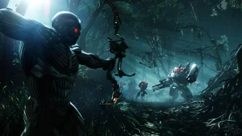 a prophet with a bow in the overgrown ruins of a metropolis, bows, crysis, cyborgs, forest, forests, robots, weapon, games