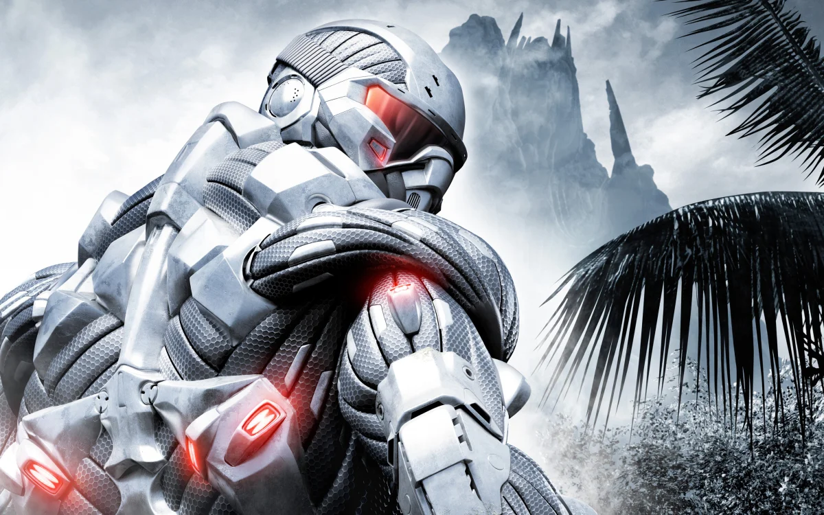 A fighter in a nanosuits against the backdrop of a tropical jungle