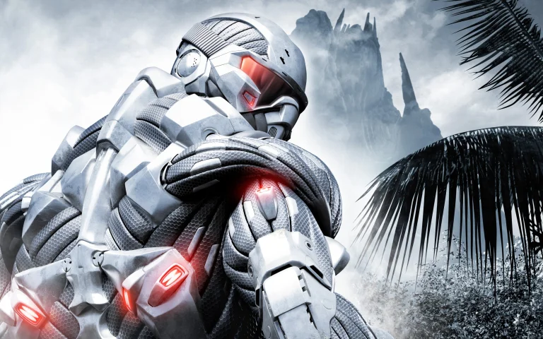 A fighter in a nanosuits against the backdrop of a tropical jungle