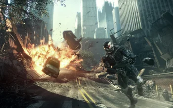 a fighter in a nanosuits against the backdrop of a ruined metropolis, cars, automobiles, cities, city, cityscape, cityscapes, crysis, cyborgs, explosions, ruins, skyscrapers, games
