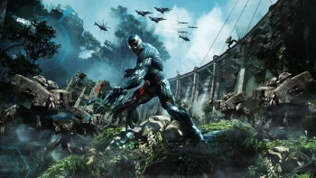 a fighter wearing a prophet nanosuit in the jungle, airplanes, aircraft, battles, fights, combats, crysis, cyborgs, fighter jets, helicopters, robots, ruins, weapon, games