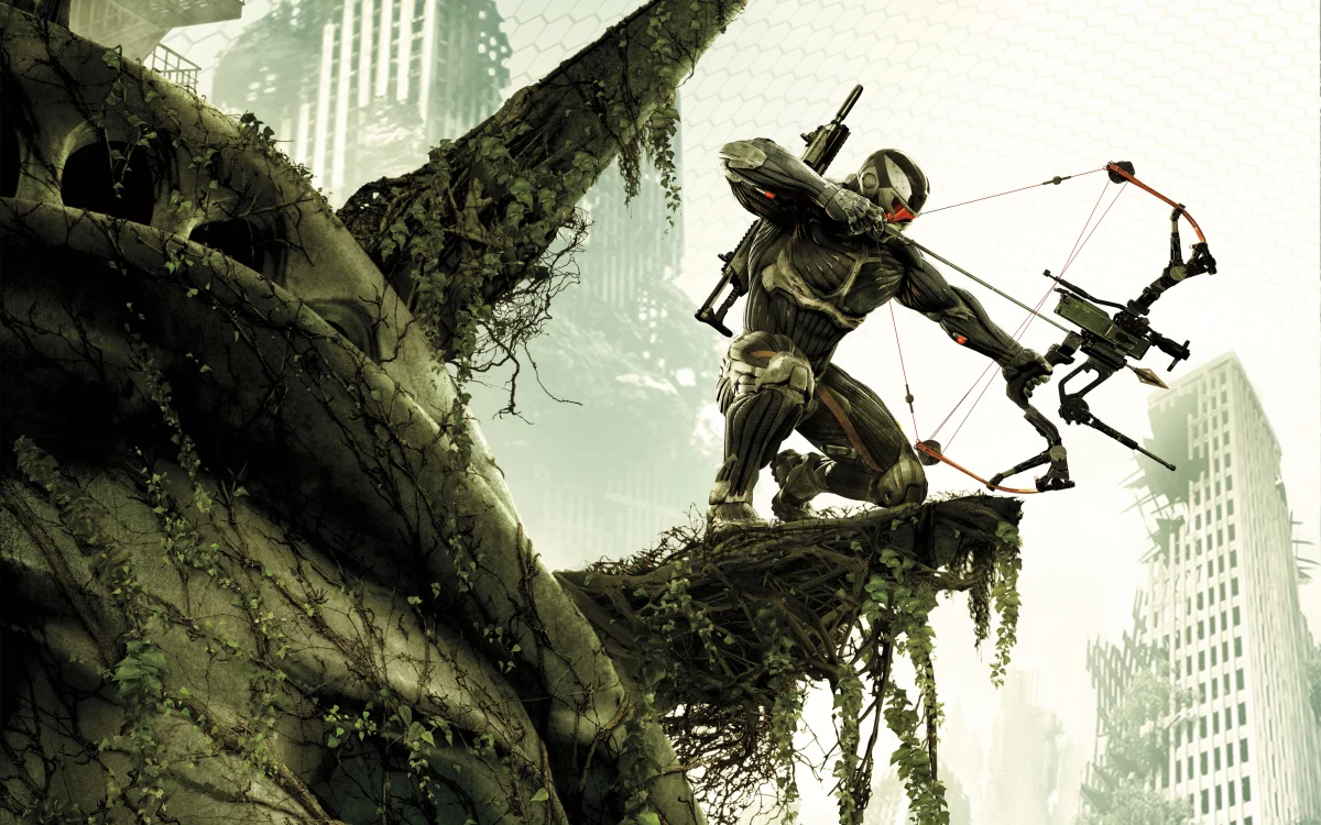 A prophet in a nanotech suit with a bow, standing amid the ruins