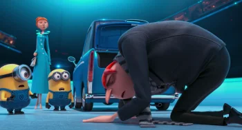 Gru, Lucy Wilde, and the Minions by the blue car