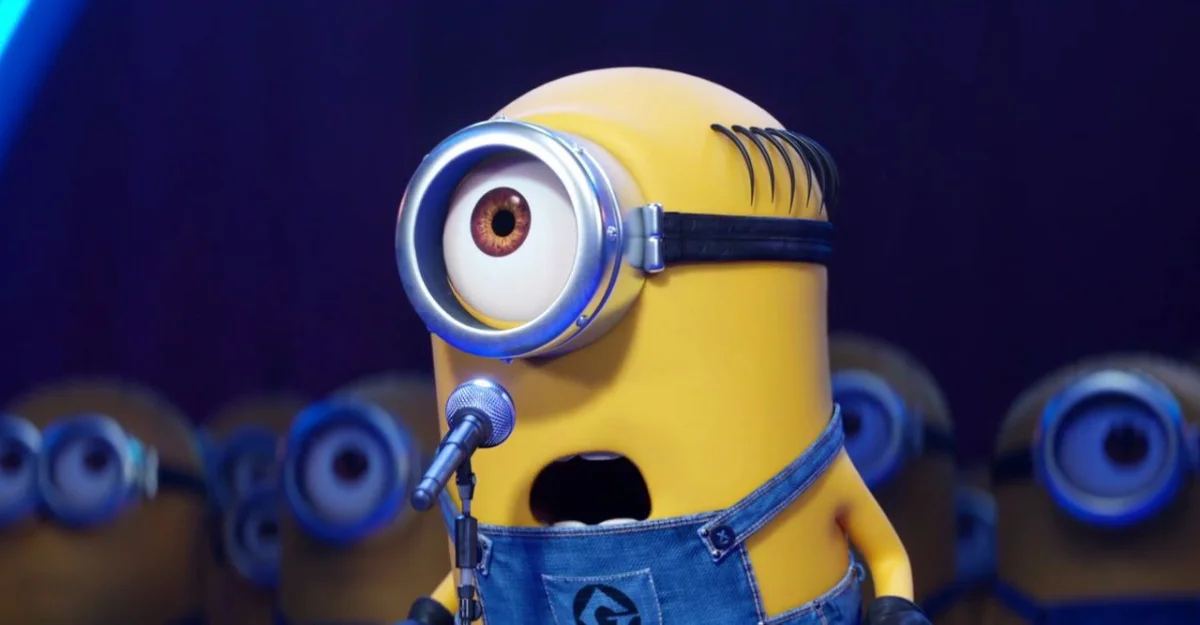 mignon performs with a microphone in an '80s-style look, animation, characters, actors, despicable me, for kids, minions