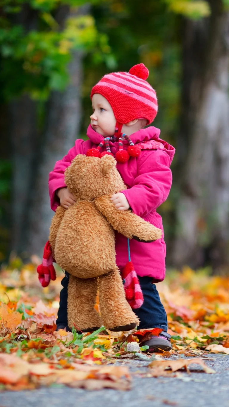 a little boy with a teddy bear, autumn, autumns, children, for kids, hats, leaves, foliage, leafage, frondage, toys, other, people