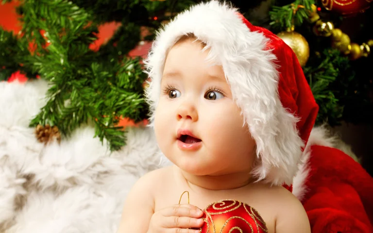 a baby wearing a santa claus hat, babies, children, christmas, christmas trees, emotions, for kids, hats, holidays, new year, smiles, toys, other, people