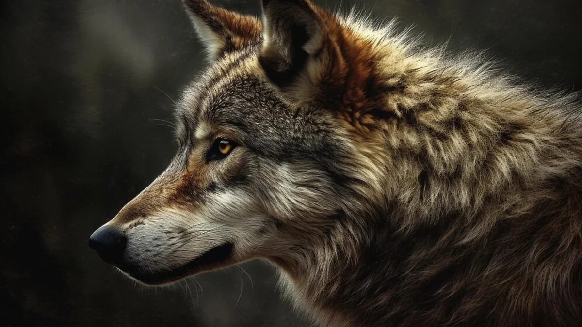 The gaze of a gray wolf bathed in soft light