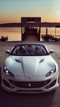 белоснежный ferrari portofino на фоне заката у озера аммерзе, ferrari portofino, ferrari, вечер, вечера, сумерки, закаты, закат, кабриолеты, машины, автомобили, набережные, пристани, небо, озера, водоемы, пейзажи, причалы, пирсы, спорткары, фары, феррари, авто