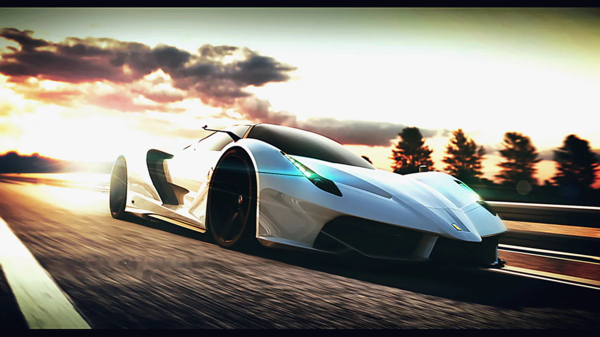 A snow-white Ferrari FXX-K on the race track