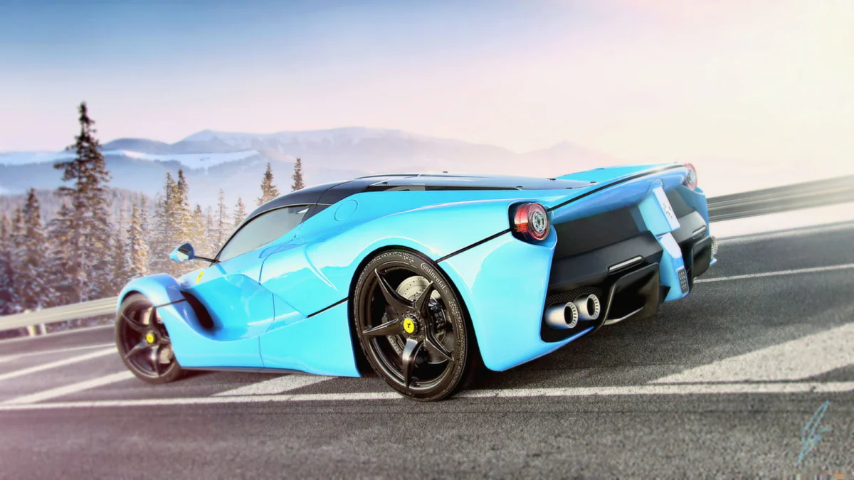 A blue Ferrari LaFerrari on a mountain road