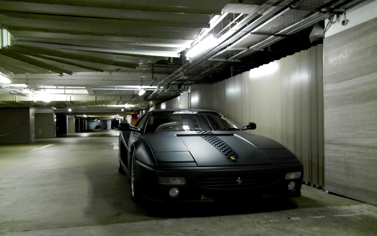 a matte-finish ferrari f355 in the light of the underground parking garage's lamps, ferrari f355, cars, automobiles, ferrari, sports cars, supercars, hypercars, auto, vehicles