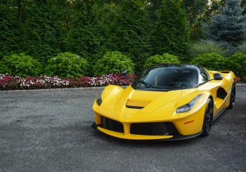 жовта ferrari laferrari на тлі паркової зелені, ferrari laferrari, ferrari, дерева, квіти, машини, автомобілі, парки, національні парки, спорткари, суперкари, гіперкари, феррарі, авто