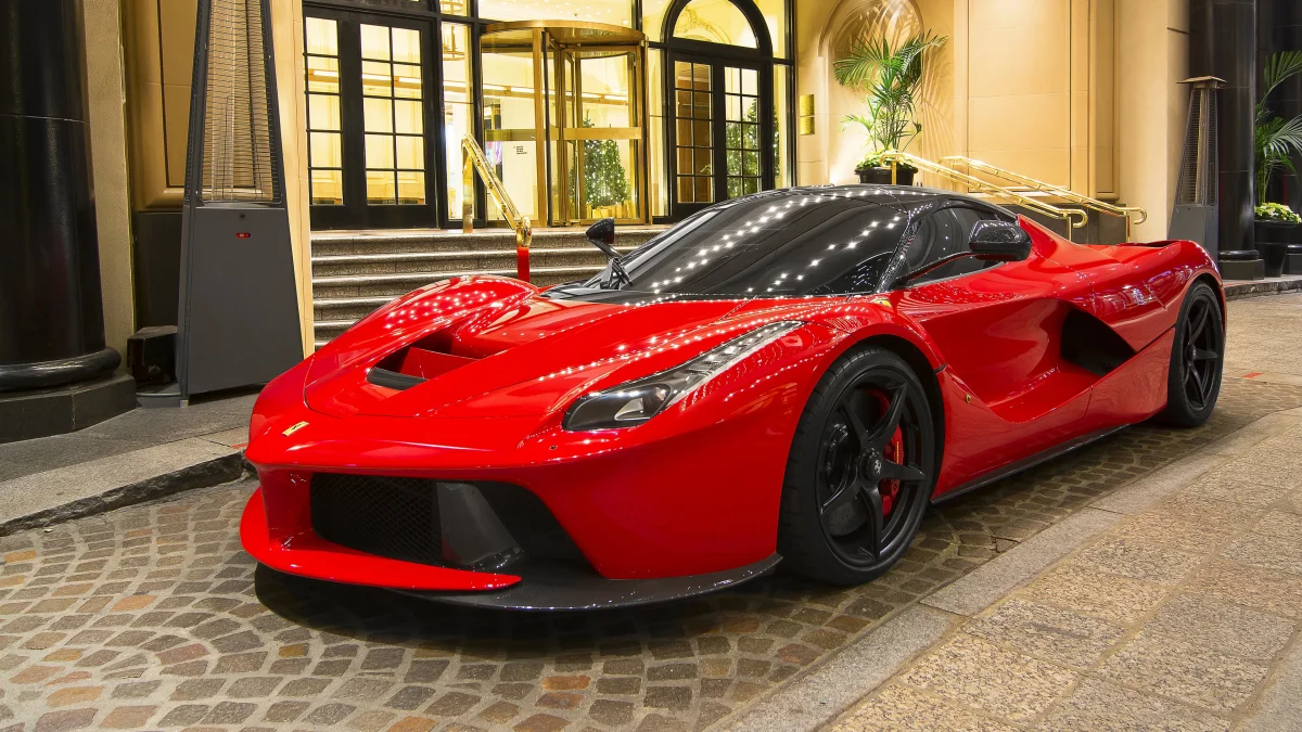 A Ferrari LaFerrari at the hotel entrance