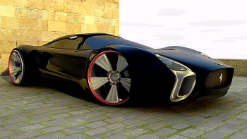 черный концепт-кар ferrari на фоне старинной каменной стены, ferrari, италия, диски, колеса, машины, автомобили, спорткары, стены, суперкары, гиперкары, феррари, авто