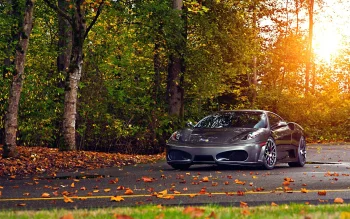 a ferrari f430 on a forest road in the autumn sunshine, ferrari f430, autumn, autumns, cars, automobiles, discs, wheels, evening, evenings, twilight, dus, ferrari, forest, forests, leaves, foliage, leafage, frondage, roads, highways, motorways, avenues, driveways, passageways, sports cars, sun, sun rays, sunlight, rays, sunsets, sunset, supercars, hypercars, trees, auto, vehicles