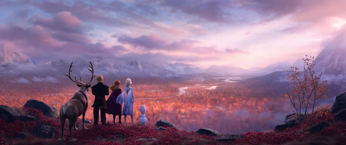 Elsa, Anna, Kristoff, Sven, and Olaf in the Enchanted Forest