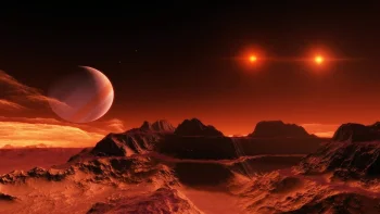 the red planet with two stars on the horizon, mountains, peaks, hills, planets, stars, sun, sun rays, sunlight, rays, space, the universe, astronomy, earth, the sun, galaxies, nebulae