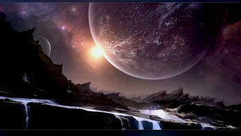 a huge planet above a rocky landscape, cliffs, galaxies, nebulae, planets, sky, stars, sun, sun rays, sunlight, rays, waterfalls, space, the universe, astronomy, earth, the sun
