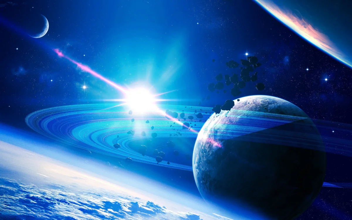 the glow of distant planets and rings, asteroids, planets, stars, sun, sun rays, sunlight, rays, space, the universe, astronomy, earth, the sun, galaxies, nebulae