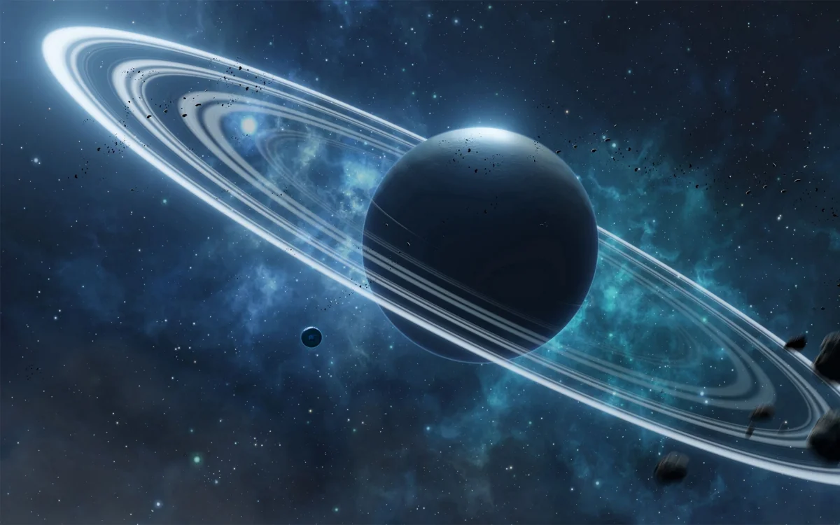 The rings of a distant planet glowing in the light of a nebula