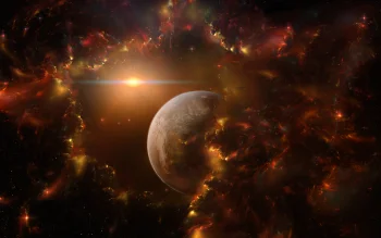 a solitary planet bathed in the glow of a distant nebula, nebulae, planets, space, stars, sun, sun rays, sunlight, rays, the universe, astronomy, earth, the sun, galaxies