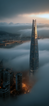 Lotte World Tower in the morning fog over Seoul