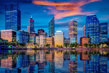 the evening lights of perth and the reflections of skyscrapers in the water, australia, cities, city, cityscape, cityscapes, clouds, contemporary architecture, evening, evenings, twilight, dus, night lights, lights, streetlights, street lamps, lighting, night, reflections, rivers, canals, streams, sky, skyscrapers, sunsets, sunset, architecture, world