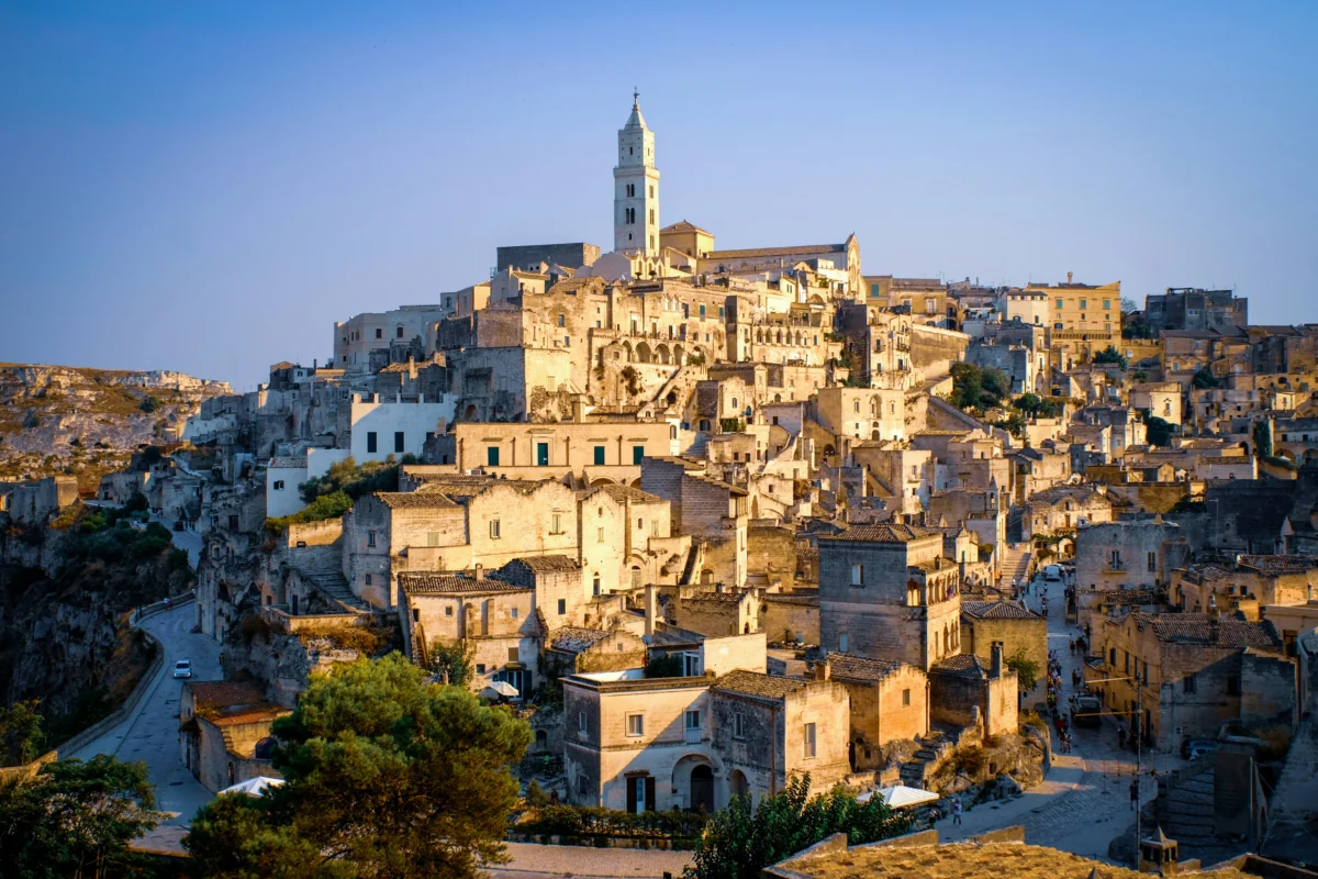 The golden light of sunset over the ancient streets of Matera